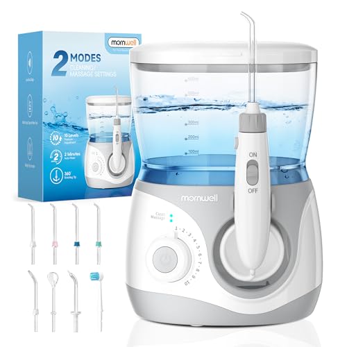 Mornwell Water Dental Flosser for Teeth, 2 Modes and 10 Adjustable Pressure Oral Irrigator for Braces, 8 Multi-Functional Tips for Family, Multiple Users, Home Use, White