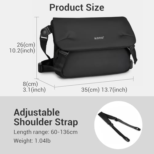 KONO Messenger Bag, Umhängetasche Herren wasserdichte, Leichte Freizeit Crossbody Tasche mit Mehreren Fächern für 13 Zoll Laptop (Schwarz)