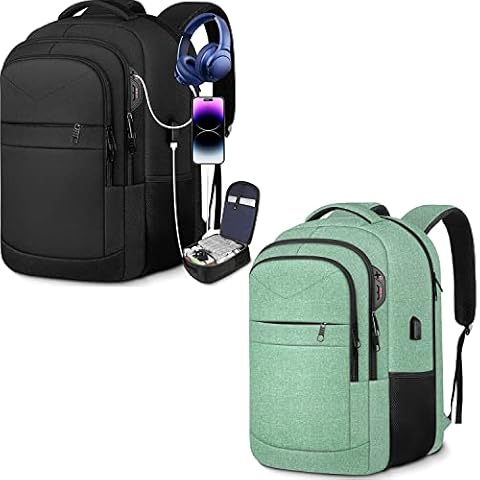 Lapsouno Travel Laptop Backpack, Sturdy Large 17 inch Carry on Travel Backpack,TSA Flight Approved Carry on BackpackAnti-Theft USB School Bag (Black+Lake Green) Cover