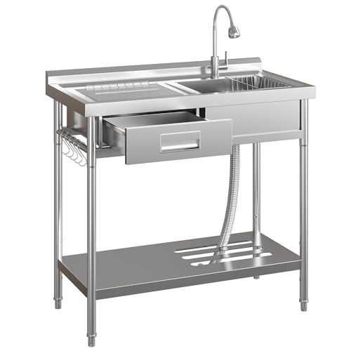 36 in Commercial Stainless Steel Utility Sink, Freestanding Stainless Steel Kitchen Sink with Hot & Cold Water Faucet, Drain Basket, for Indoor and Ou