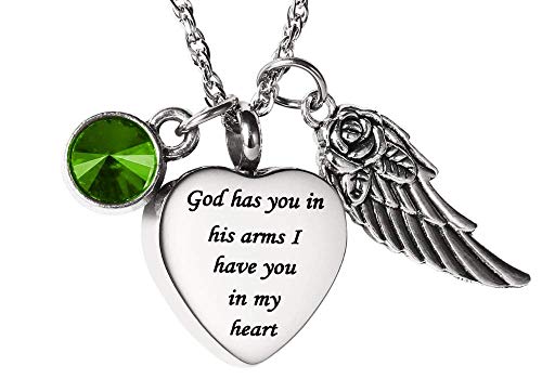AMIST Birthstone God Has You in His Arms Urn Necklaces for Ashes Pet Cremation Jewelry for Ashes Cremation Urn Necklaces for Ashes for Women Keepsake Necklace for Ashes Peridot