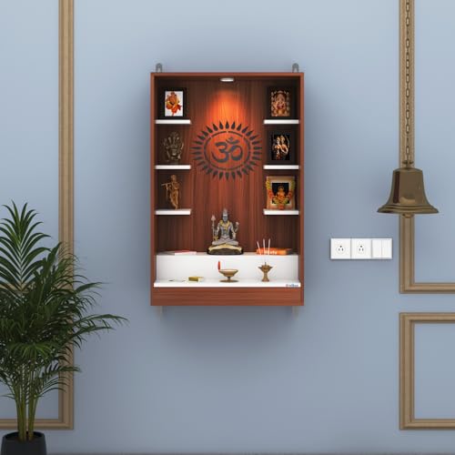 Image of Anikaa Niketana Wooden Wall Mount Mandir for Home | Pooja Temple with LED Light, Om Back Panel & 6 Shelves | Hindu Wooden Temple for Home & Office Decoration | Walnut /White (DIY), Size(32x20x8 Inches)