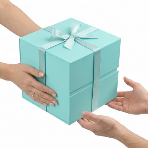 Image of LIFELUM Green Blue Square Gift Box for Presents with Magnetic Lid 8.6 x 8.6 x 8.6 inch, 1 Pack Gift Box Contains Card, Ribbon, Shredded Paper Filler for Wedding, Birthday, Bridal Gifts