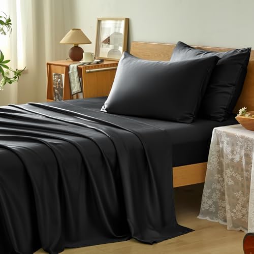 Homiest Queen Sheet Set 4pcs, 100% Rayon Derived from Bamboo Sheets, Cooling & Breathable Bedding for Hot Sleepers, Soft Luxury Sheets with 16" Deep Pocket, Hotel-Grade Silky Comfort (Black) - Thumbnail 4