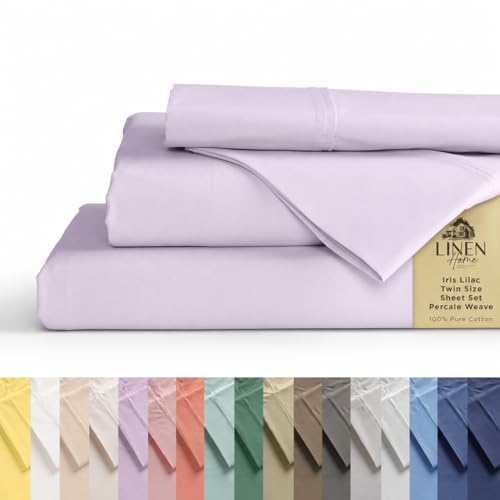 Image of Linen Home 100% Cotton Percale Sheets Twin Size, Iris Lilac, Deep Pocket, 3 Pieces Set- 1 Flat, 1 Fitted and 1 Pillowcase, Crisp Cool and Long Staple Strong Bed Linen