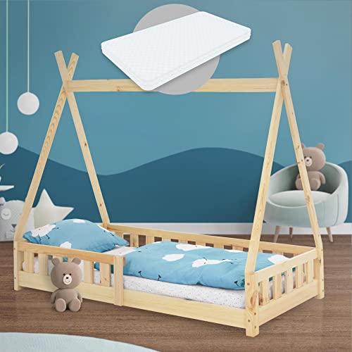 ML-Design Kinderbett Tipi 80x160 cm Natur mit Matratze, Rausfallschutz und Lattenrost, aus Kiefernholz, Indianer Bett für Mädchen & Jungen, Hausbett...