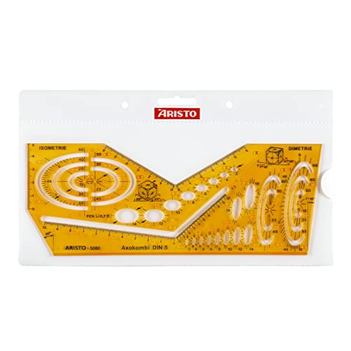 Aristo AR5086 Schablone Axokombi 1 (Zeichnen von räumlichen Darstellungen in dimetrischer und isometrischer Perspektive, Kunststoff) orange-transparent