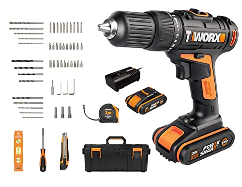 WORX 18V(20V MAX) Akku-Schlagbohrschrauber WX371.7, 2,0Ah 2Akkus, PowerShare, 55 Tlg. Zubehörset (Handwerkzeuge und Bohrschrauber), Schlagbohrer 2 Gänge, Koffer, 18+1+1 Drehmomentstufen