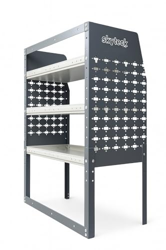 SkyTeck Ford Transit Van Shelving System - Heavy-Duty 16.5" Deep Steel Rack, 4 Adjustable Shelves,Fits 130"/148" WB Low/Mid/High Roof, Half-Leg Design Fits Wheel Wells, 33.5" W x 16.5" D x 46-50" H