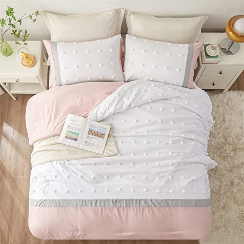 Kakki Tufted Pom Pom Comforter Set Twin Size For Girls Kids Teen, Peach Blush/Grey And White Patchwork Striped Jacquard Comforter, 2Pc Soft Microfiber Textured Bedding Set For All Season(Blush,Twin) #TOP8