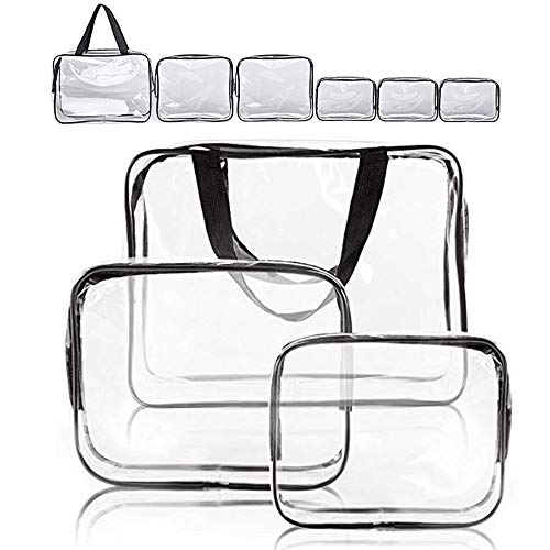 APREUTY Clear Makeup Bags, TSA Approved 6 Pcs Cosmetic Makeup Bags Set Clear PVC with Zipper Handle Portable Travel Luggage Pouch Airport Airline Vacation Organization (Black)