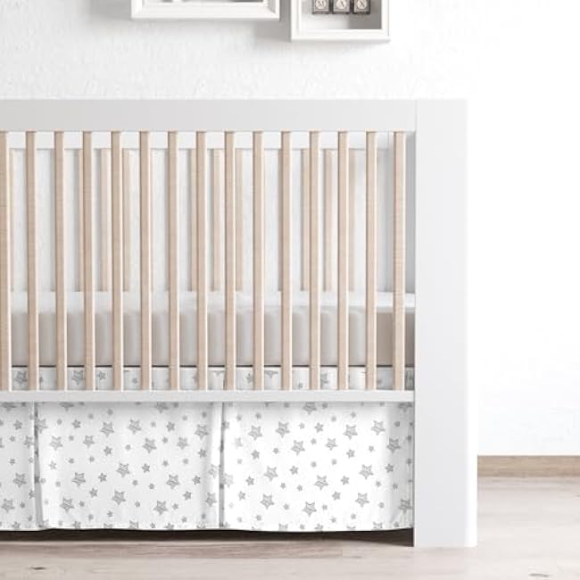 Crib Skirt Boy Girl Pleated Dust Ruffle Machine Washable, 14 Drop, Toddler Crib Bed Skirt White with Grey Star, Microfiber Nursery Standard Crib Bedding Skirt