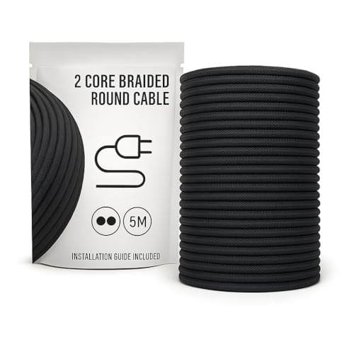 LEDSone 2 Core 5 Meters Black Colour Round Fabric Cable, Vintage Style Italian Braided 0.75mm Flexible Lighting Electrical Cable for UK Lighting.