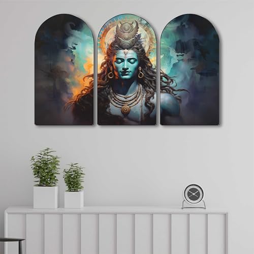 Image of SAF Lord Shiva Wall Art 3 Panel Set | Tranquil Mahadev Painting on MDF Board | Spiritual Wall Hanging for Living Room Bedroom Temple Office Home Decor (30 x 50 Inch) RPNL-67