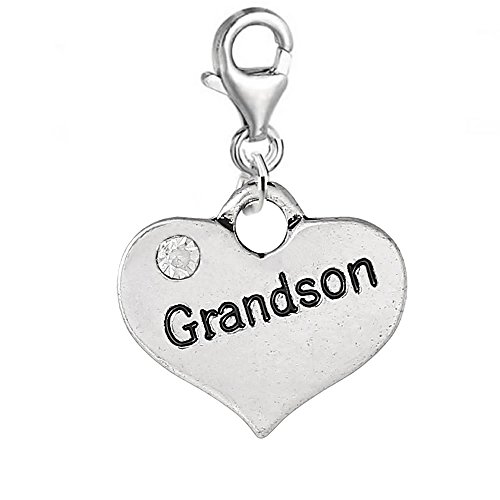 Sexy Sparkles Heart Charm with Rhinestones – Double-Sided Family Member Pendant Clip-On with Lobster Clasp for European Jewelry - Grandson