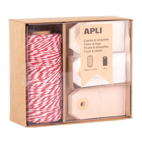 APLI 19845 - Gift Box: cuerda roja y blanca con etiquetas de 3 colores surtidos, Set bobina algodón con 30 etiquetas regalo colgantes