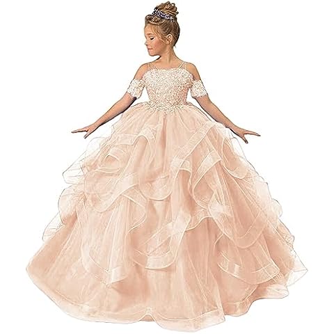 Iregud Rose Gold Flower Girl Dress with Sleeves Girl's Tulle Lace Beaded Christmas Communion Dress Puffy Appliques Pageant Ball Gowns US9 Cover