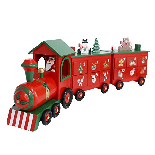 PIONEER-EFFORT Christmas Wooden Advent Calendar Train with 24 Drawers for Adults Kids Christmas Countdown Decoration (Red&Black&Green Big Train) 24 Inch