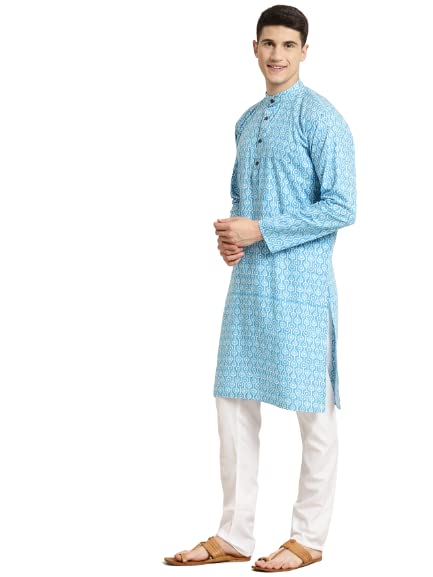 Sojanya (Since 1958) Men'S Cotton Print Kurta & White Churidar Pyjama Set3