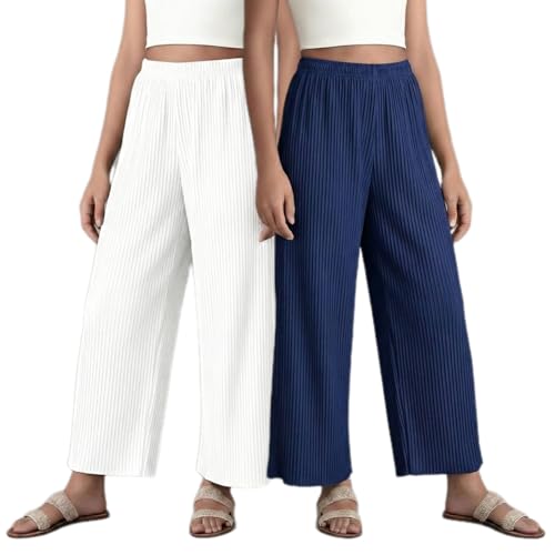Image of Set of Combo Trouser and Pants for Girls and Women's Relaxed Fit Stretchable Regular Fit Palazzos Lightweight Elastic Waistband Bottoms for Daliy Office & Casual Wear