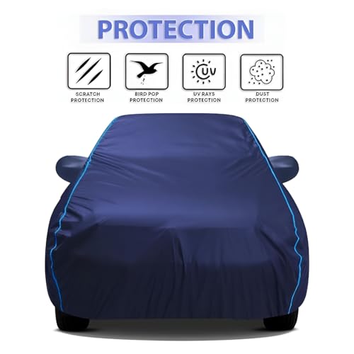 Image of Kerwa Car Body Cover Waterproof Compatible with Maruti Suzuki Alto K10 | Scratch Proof, Anti-Dust, UV Protection | Windproof Buckle Strap | Fitted Bottom Elastic | Side Mirror Pockets-Blue