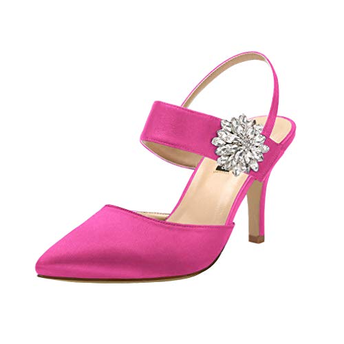 Image of ERIJUNOR Mid Heel Shoes for Women Pointed Toe Slingback Rhinestone Brooch Satin Dress Pumps Evening Prom Wedding Shoes