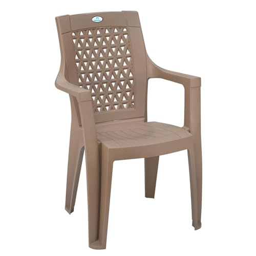 Image of Nilkamal Elevate Plastic Chair with Arm | Set of 4 | Stackable Chair | for Living Room, Bed Room, Kitchen, Balconies, Outdoor | Rattan Dark Beige