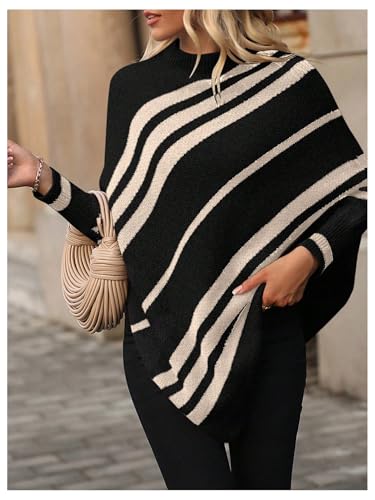 Milumia Women's Striped Mock Neck Knitted Poncho Sweater Dolman Long Sleeve Loose Tops4