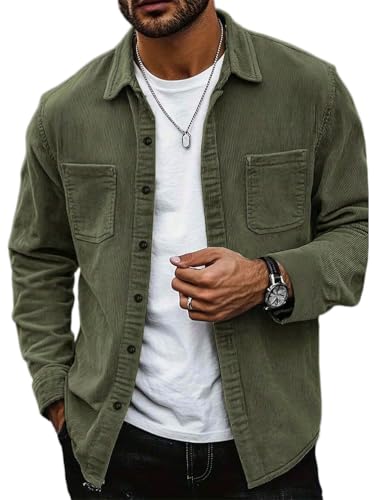 seiveini Chemise Homme Velours Côtelé Boutonnée Manches Longues Veste Décontracté Automne Hiver A Armée Verte L