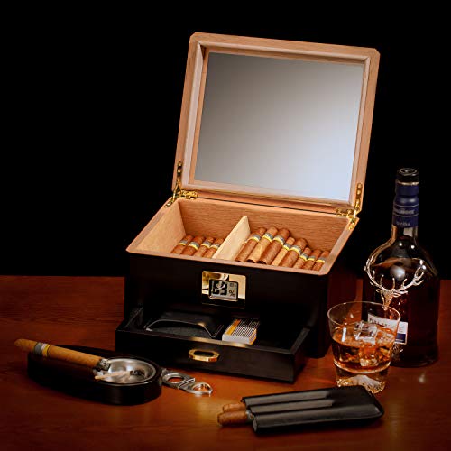 Woodronic Cigar Humidor And Boveda 72% Humidity Packs With Digital Hygrometer, 25 To 50 Count Spanish Cedar Lined Cigar Box With Cedar Divider And Storage Accessory Drawer, Great Gift For Fathers #TOP6