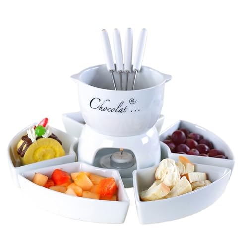 KANLVU 320ml Cerámica Sets De Fondue Queso, Hogar Set De Fondue De Chocolate Ocio Fiesta Fruta Tapas Chocolate Fondue Set Calentador De Mantequilla(White Set 1)