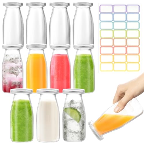 12 Pack 200ml Glass Milk Bottles with Lids - Clear Reusable Drink Containers for Juice, Tea, Shakes, Iced Tea, Drinking Jars with Leak-Resistant Design Including 24 Labels for Parties, Weddings, and Picnics