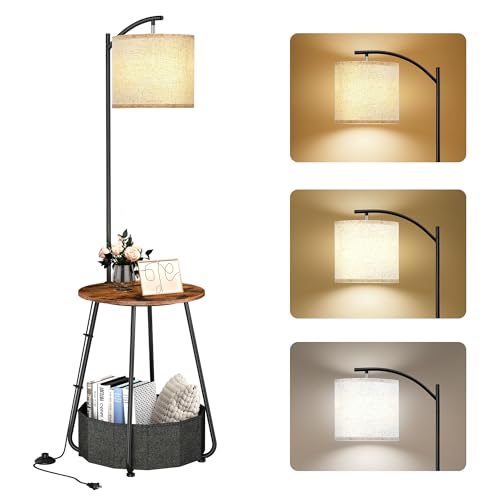 Image of LUTEC Floor Lamp with Table, Night Stand with Lamp, Round SideTable with Fabric Basket, 3 Color Temperatures 9W LED Bulb, Modern End Table for Bedroom, Living Room, Rustic Brown
