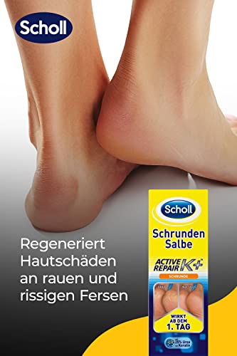 Scholl Schrundensalbe Active Repair K+ Fußcreme, 25 ml, für Trockene, Rissige Fersen, Regeneriert Geschädigte Haut, Intensivpflege mit 25% Urea & Keratin, Parfümfrei, Fußpflege für Schöne Füße