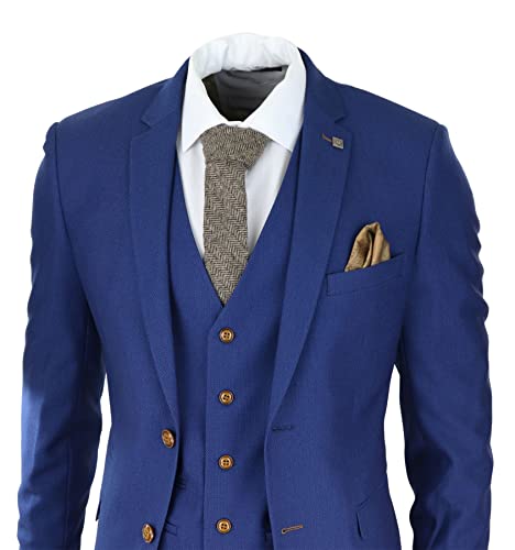 Mens Royal Blue 3 Piece Suit Brown Trim Classic Birdseye Vintage Wedding Grooms2