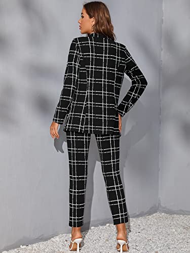 Wdirara Women's 2 Piece Outfit Plaid Button Front Long Sleeve Blazer And Pants Set Black M #TOP1