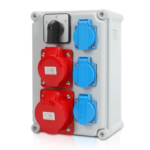 Distributore a parete, 3 x 16A/230V + 1 x CEE 16A 5P+1 x CEE 32A 5P con interruttore a camme L-0-P con spina impermeabile M25, distributore per cantieri