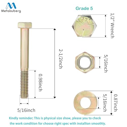 Image of 5 /16 inch x 2-1 /2 inch Hex Head Bolt by Color Galvanization with Nylon Lock nut and Large Size Washer Assortment Kit,Alloy Steel,Grade 5.(8pcs Pack),by Metalsuberg