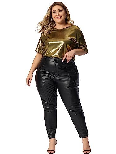 Agnes Orinda Plus Size Metallic Tops for Women Round Neck Short Sleeve Party Shirts Disco Blouses Sparkly Tee Top3