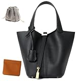 Generic Genuine Leather Lock Design Bucket Bag Vegetable Basket, Fashionable and Versatile Shoulder Handbag (Black)