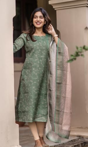 Image of Sun Fashion And Lifestyle Kurta Dupatta Sets for Woman | Kurti Set | Women's 2 Piece Kurta with Dupatta Set | Chanderi Kurta Woman | Dupatta (KD10 Green)