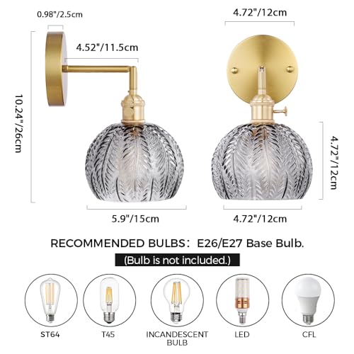 Image of Cerdeco Vintage Wall Sconce with Grey Leaf Glass Shade,180Adjustable Arm and Golden Base,Modern Indoor Wall Light Lighting for Bedroom