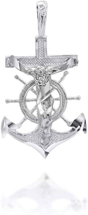 Dainty 10K White Gold 0.90" Mariner Crucifix Anchor Cross Pendant Necklace - Choose Pendant Only or Necklace with 16”-22” Chain