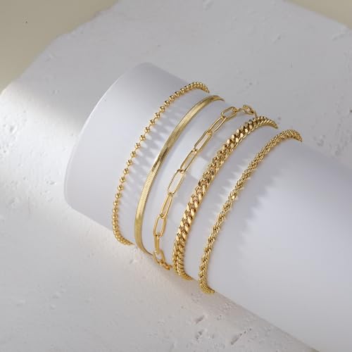 BBV Gold Bracelets for Women Stackable Bracelet Set, 5pcs Layered Dainty Waterproof Beaded, Figaro, Cuban, Rope, Paperclip, Snake Chain, Non Tarnish, Adjustable Jewelry Gifts4