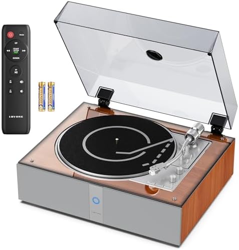 1 BY ONE Vollautomatischer Plattenspieler mit 4 Lautsprechern | DSP, Auto-Stopp, Riemenantrieb, Bluetooth-Eingang, Phono-Vorverstärker, 33/45 RPM, mit Fernbedienung, Repeat-Funktio