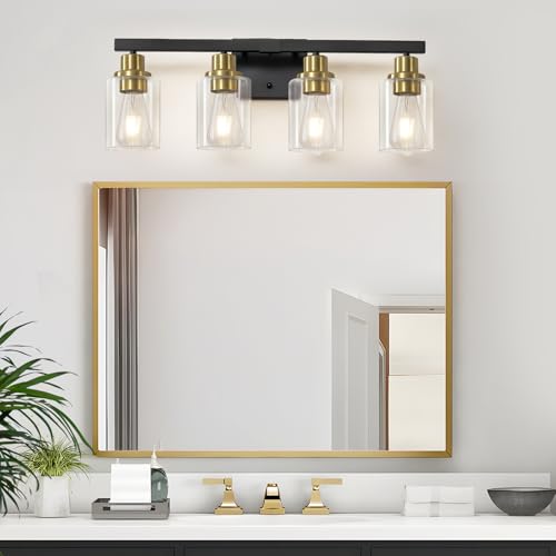 Image of Bathroom Vanity Light, 4-Light Black and Gold Bathroom Light Fixtures with Clear Glass Shade, Bathroom Lighting Fixtures Over Mirror,Bath Black Wall Lights for Mirror Bedroom,Living Room