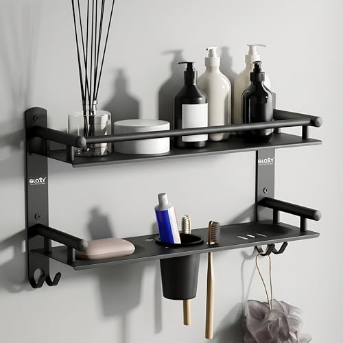 Image of GLOXY Premium Black Matt Finish Bathroom Shelf Rack - Wall Mount 4in1 Multipurpose Double Soap Stand for Bathroom with Toothpaste Holder - Bathroom Fittings Accessories Set with Multipurpose Hooks