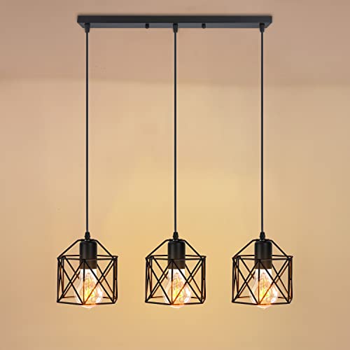 iDEGU Lampadario a Sospensione Vintage, 3 Luci Lampade a Sospensione E27 in Metallo Ø15 Gabbia Design Esagono Retrò Lampada da Soffitto per Cucina, Sala da Pranzo, Soggiorno (50cm Rod, Nero)