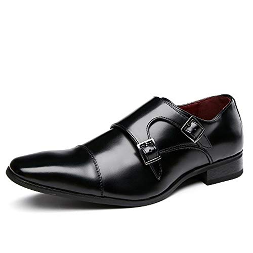 Shoes Dress Oxford for Men Slip On Monk Strap Square Cap Toe Leather Low Top Non Slip Anti-Slip Block Heel Walking