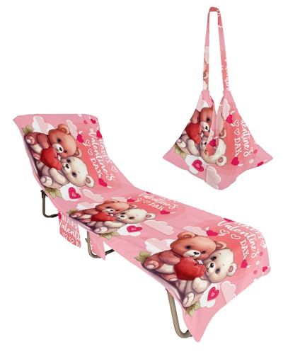 Valentine Bears Beach Chair Towel Covers for Chaise Lounge With Side Pocket, Soft Plush Pool Towels Cover for Patio Sunbathing Outdoor 29''x85'' Romantic Love Heart Watercolor